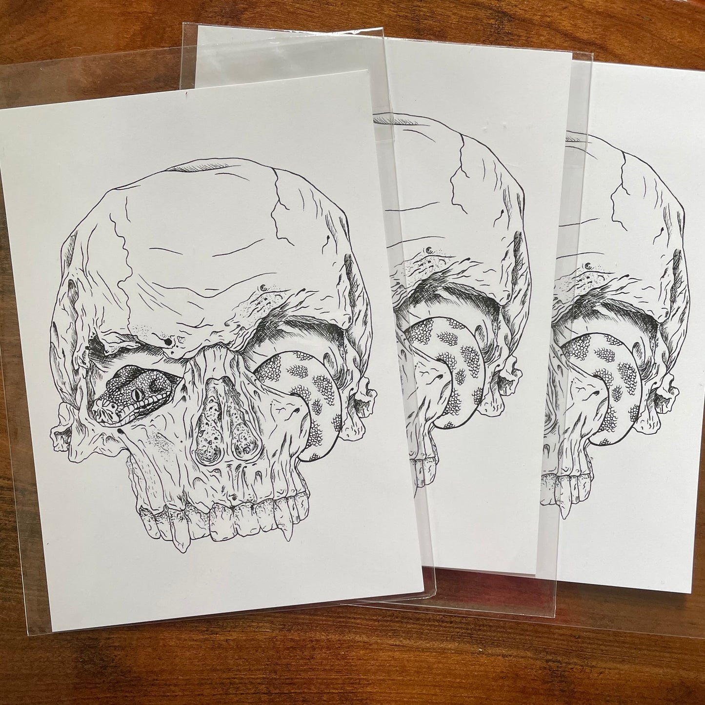 Three art prints laying on a table. All of drawings of a skull with a snake going in one eye and out the other. Featuring black pen line art and detailing.