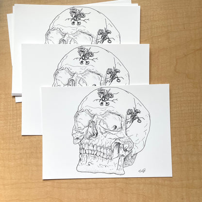 Multiple prints laying on a table of an ink drawing of a skull with cracks in it and flowers growing out of it.