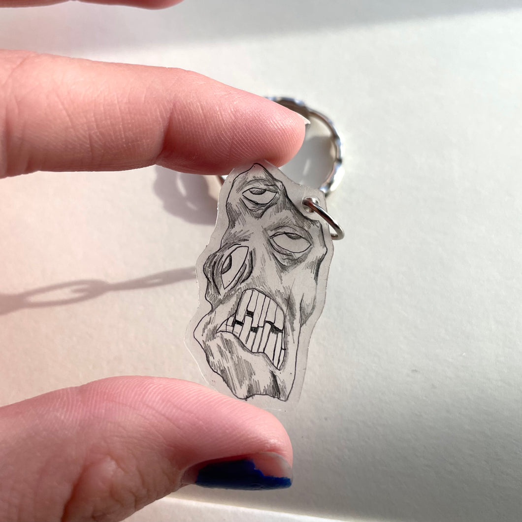 Made out of plastic shrink sheets, each T00thFaerie monster keychain is hand drawn and one-of-a-kind. The keychains are slightly transparent with the drawing mostly visible from the shiny side and the pendant can be removed & placed on your own chain or zipper pull.. This is one of my favorite monsters, I can't wait for him to travel around with someone! *roughly* 0.5