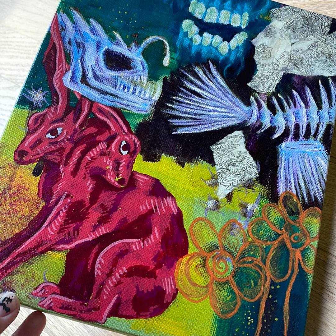 T00thFaerie Art skull, two-headed rabbit, fish head mixed media painting. This one-of-a-kind artwork is sure to spark conversation in the space it calls home.