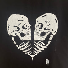 Load image into Gallery viewer, Custom hand-drawn and screen-printed black unisex XL short-sleeved crewneck t-shirt with original T00thFaerie Art skull heart artwork on the front. Makes a great gift for anyone who loves skulls, gothic clothing, punk or emo art, horror movies, or just loves original art you can wear!
