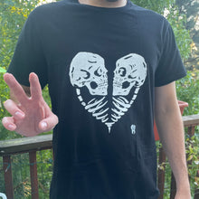 Load image into Gallery viewer, Custom hand-drawn and screen-printed black unisex XL short-sleeved crewneck t-shirt with original T00thFaerie Art skull heart artwork on the front. Makes a great gift for anyone who loves skulls, gothic clothing, punk or emo art, horror movies, or just loves original art you can wear!
