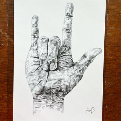 Fine art print of a hand making the "I-Love-You" ASL hand sign. American sign language gift artwork, detailed graphits pencil hand drawing. Deaf or hard-of-hearing language art