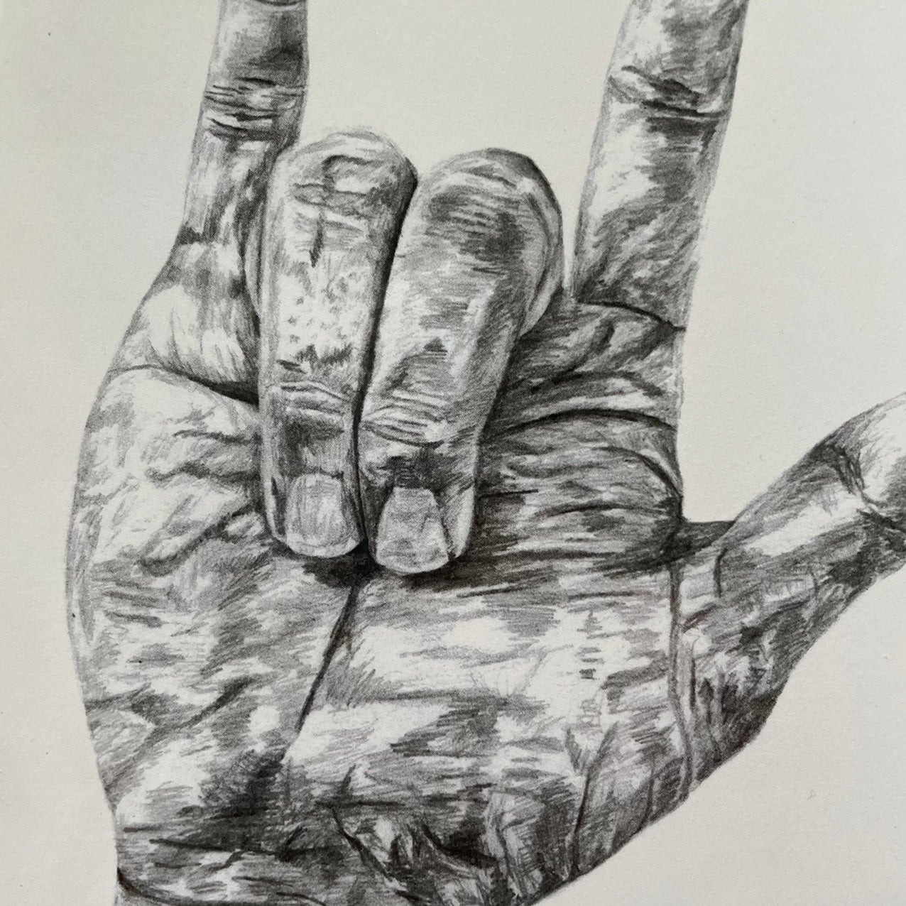 Fine art print of a hand making the "I-Love-You" ASL hand sign. American sign language gift artwork, detailed graphits pencil hand drawing. Deaf or hard-of-hearing language art. Very close up detail image