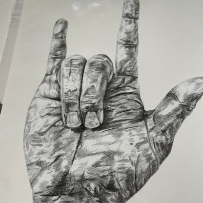 Fine art print of a hand making the "I-Love-You" ASL hand sign. American sign language gift artwork, detailed graphits pencil hand drawing. Deaf or hard-of-hearing language art. another close up detail shot from a slight angle